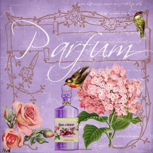 Ein nostalgisches Plakat mit Vögel- und Blumenmotiv, sowie dem Schriftzug Parfum